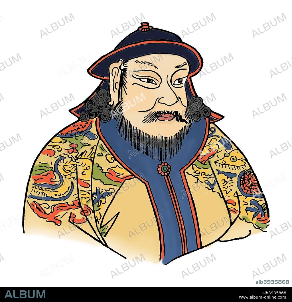 Kublai Khan (1215-1294) was the fifth Khagan (Great Khan) of the Mongol Empire, reigning from 1260 to 1294. He was the founder of the Yuan Dynasty, a division of the Mongol Empire. Taken from 'A Book of Discovery', published by T. C. & E. C. Jack Ltd. 1912. (Colourised black and white print).