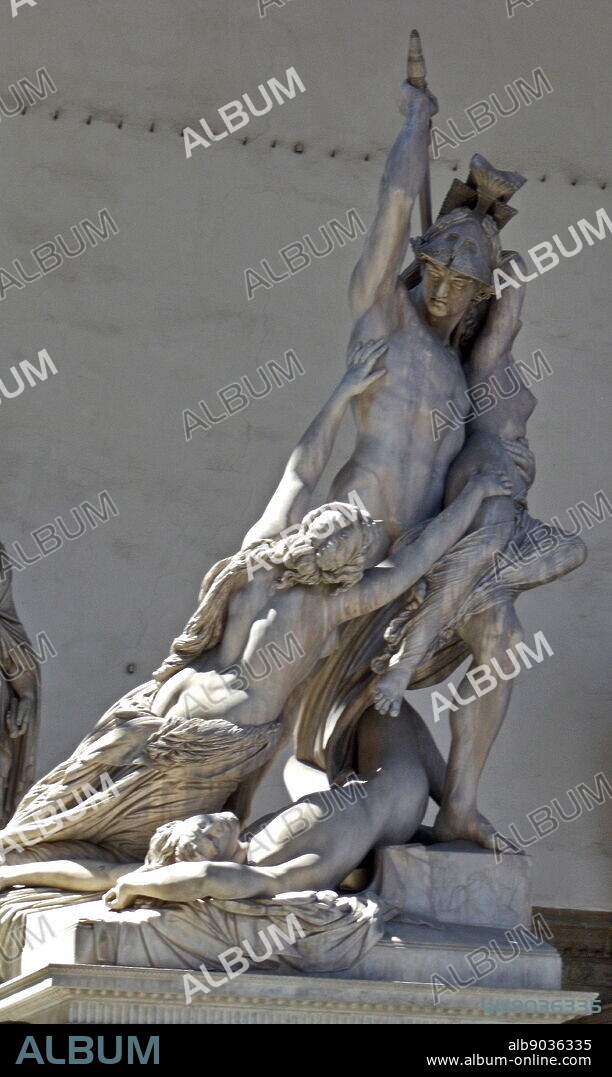 A statue group of the Rape of Polyxena, a diagonal sculpture by Pio Fedi, made in 1865. Stood in the statuary of the Loggia dei Lanzi, a building on a corner of the Piazza della Signoria in Florence, Italy. It adjoins to the Uffizi Gallery.