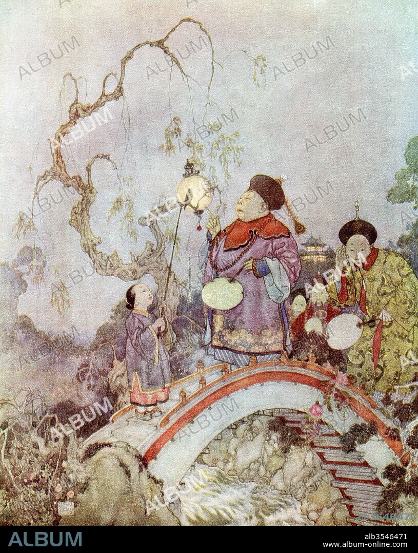 Is it possible? said the gentleman-in-waiting. " I should never have thought it was like that. How common it looks! Seeing so many grand people must have frightened all its colours away." Illustration by Edmund Dulac for The Nightingale. From Stories from Hans Andersen, published 1938.