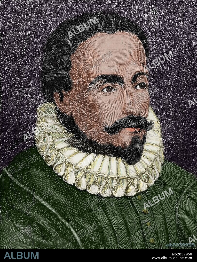 Miguel de Cervantes (1547-1616). Spanish writer. Engraving by Capuz in The Spanish and American Illustration, 1872. Colored.