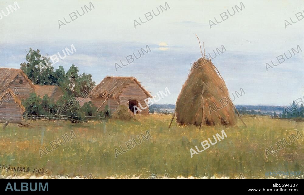 ANNA NIKOLAJEWNA KARINSKAJA. Karinskaya, Anna Nikolayevna, 1871-1931. "Landscape with haystack", 1903. Oil on canvas, 39 × 72cm. Inv. no. G-1180. Vologda, Museum of Art.