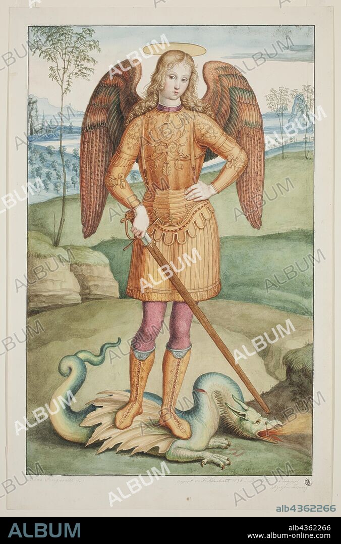 Franz August Schubert, German, 1806-1893, The Archangel Michael, 1836, watercolor over graphite pencil on cream wove paper, Sheet: 15 3/8 × 9 7/8 inches (39.1 × 25.1 cm).