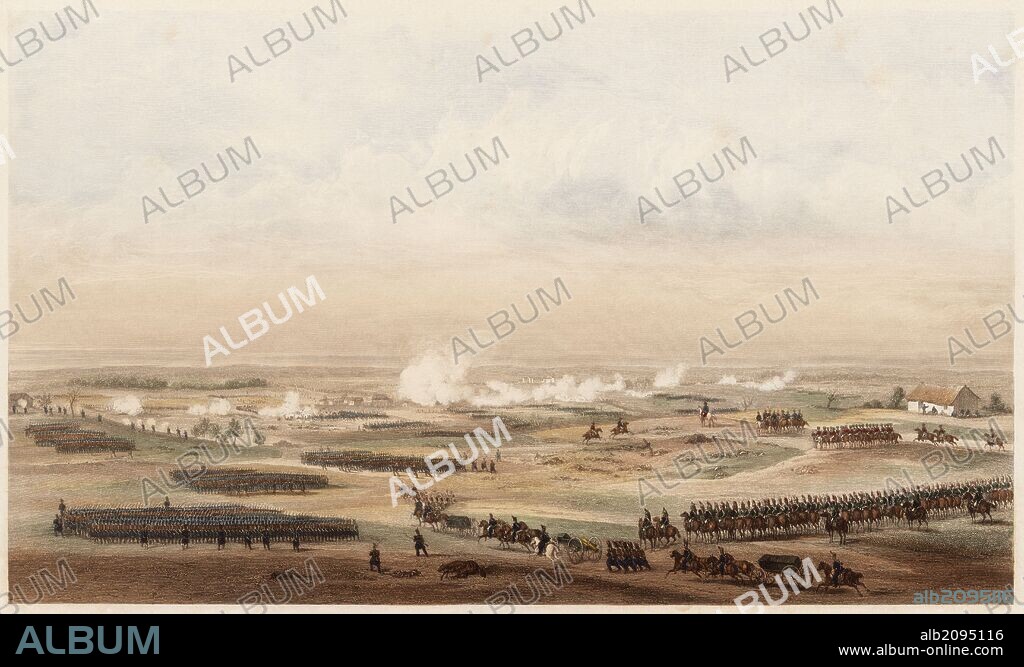 Francia. Guerras napoleónicas. Batalla de Montmirail el 11 de febrero de 1814 que enfrentó el ejército frances contra la Sexta Coalición integrada por Reino Unido, Rusia, Prusia, Suecia, Austria y algunos estados alemanes. Grabado del siglo XIX.