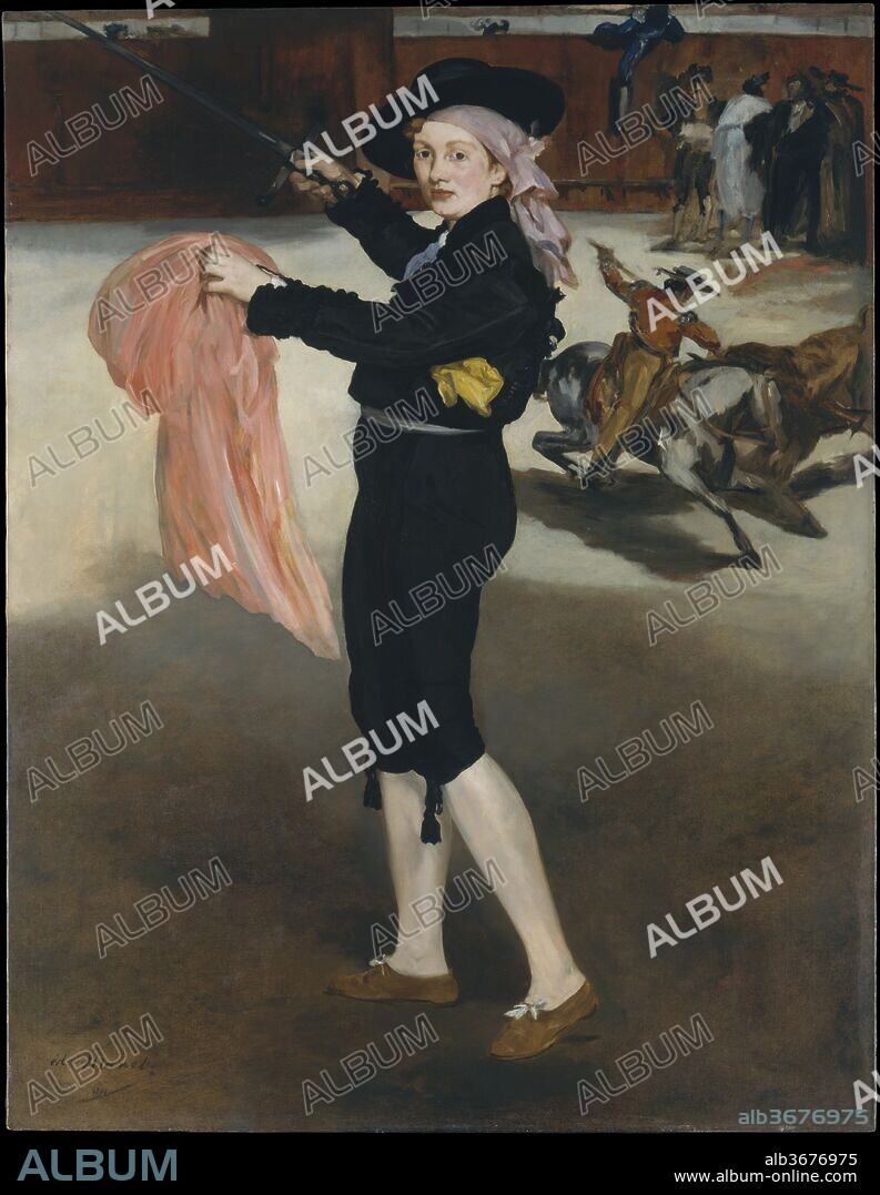 EDOUARD MANET. Mademoiselle V. . . in the Costume of an Espada. Artist: Édouard Manet (French, Paris 1832-1883 Paris). Dimensions: 65 x 50 1/4 in. (165.1 x 127.6 cm). Date: 1862.
Manet depicted model Victorine Meurent (1844-1928) in the guise of a male <i>espada</i>, or matador, borrowing her pose from a Renaissance print. Victorine's shoes are unsuitable for bullfighting, and the pink cape that she flourishes is the wrong hue, but she carries off her role with panache. The backdrop reproduces a scene from Goya's <i>Tauromaquia</i> series, celebrating the feats of bullfighters. When this painting was exhibited at the infamous Salon des Refusés of 1863, a commentator noted, "Manet loves Spain, and his favorite master seems to be Goya, whose vivid and contrasting hues, whose free and fiery touch he imitates.".