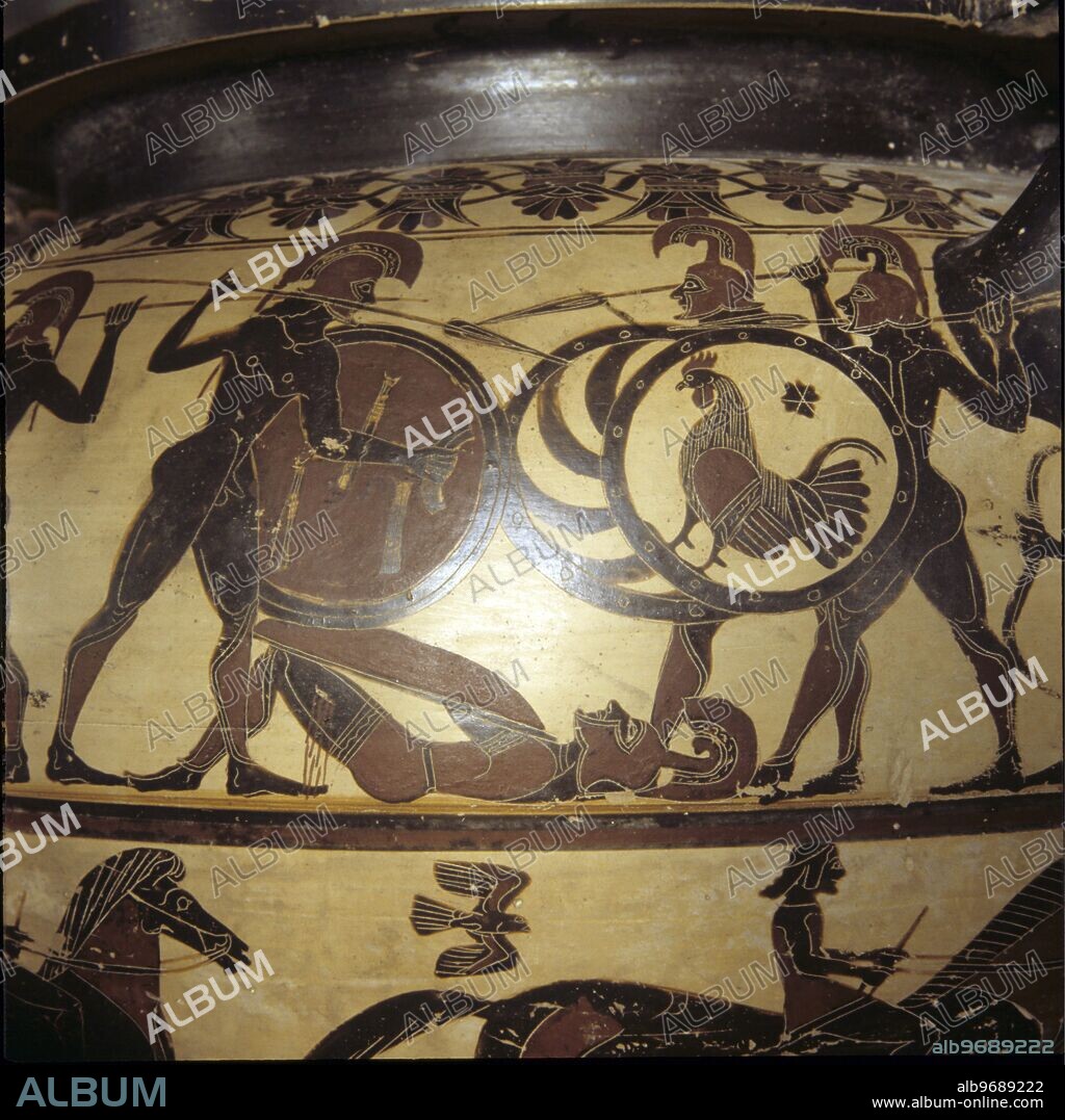 Image No. GR4LB98. Corinthian krater. Painting. Scene of battle before Troy. 600 BC - 590 BC. Archaic period. Louvre E 635 (vase) A group of four warriors. One has fallen on his back. Helmets and greaves. Shields and spear.