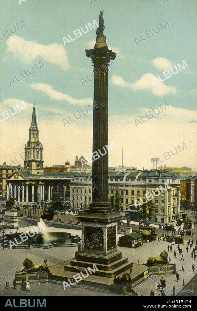 Nelson's Column and Trafalgar Square, London, c1910. The column was designed by William Railton to commemorate Admiral Horatio Nelson's victory at the Battle of Trafalgar in 1805. The statue of Nelson (1758-1805) was erected on the column in 1843. On the left is the church of St Martin in the Fields. Postcard.