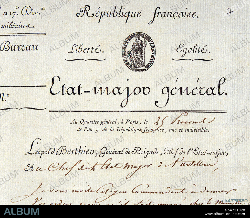 'Liberte-egalite' -vignette du papier a lettres du general de brigade Victor Leopold BERTHIER (1763-1807)- an IX (XVIIIeme s., 18eme s., 18e s.) Credit Jean Vigne/KHARBINE-TAPABOR.