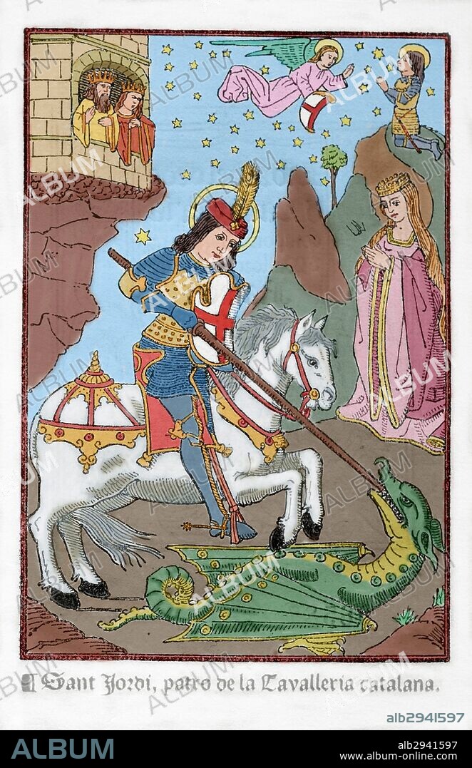 JORGE, San. Mártir cristiano del siglo II. Representado como un JOVEN CON ARMADURA CABALGANDO SOBRE UN CABALLO Y LUCHANDO CONTRA EL DRAGON. Grabado de una obra de Ramon LLULL según un manuscrito del siglo XV. Coloreado.