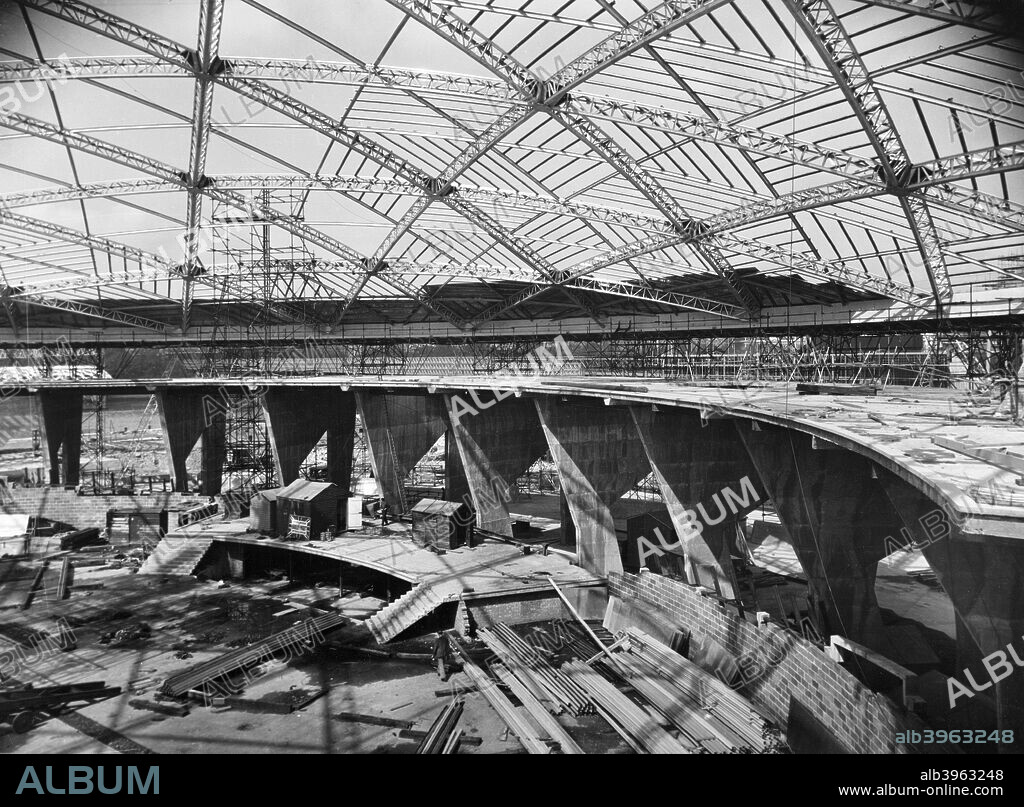 Dome of Discovery under construction, Festival of Britain, South Bank, Lambeth, London, 1950. The building was designed by Ralph Sydney Tubbs.
