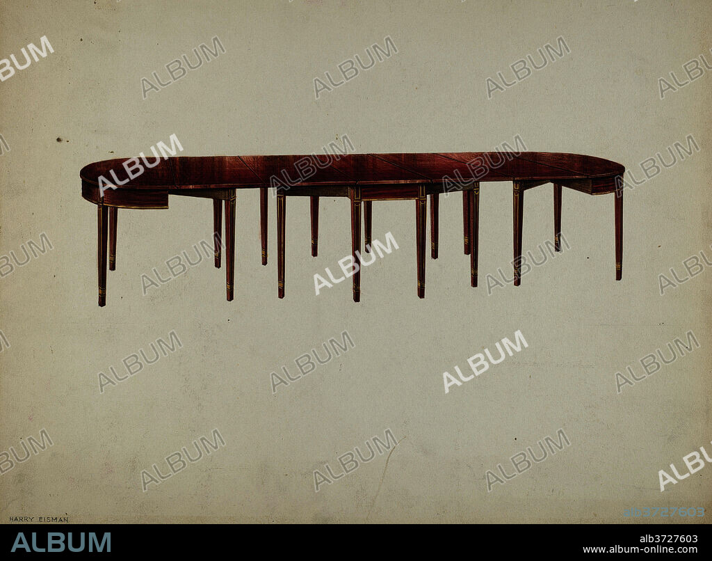 HARRY EISMAN. Dining Table. Dated: c. 1936. Dimensions: overall: 29.9 x 37.2 cm (11 3/4 x 14 5/8 in.)  Original IAD Object: 147 1/2"total length; 48"wide; 28 1/4"high.  See data sh. for dets.. Medium: watercolor, colored pencil, pen and ink and graphite on paperboard.