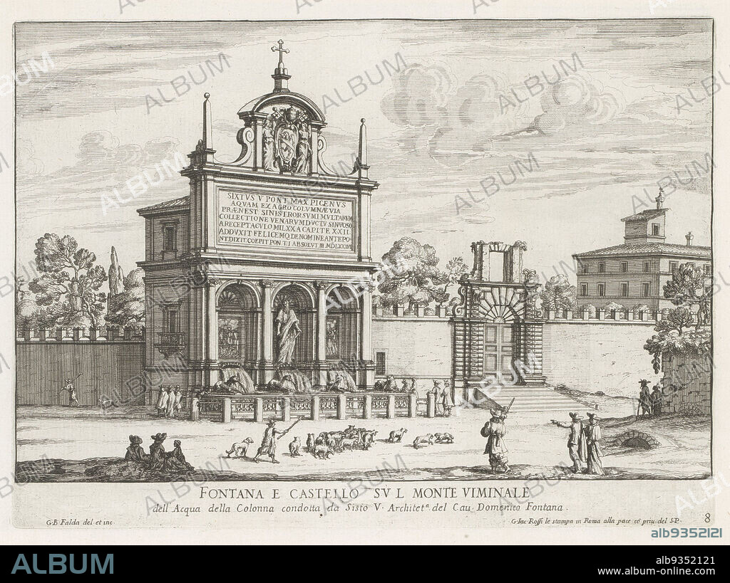 Fontana dell'Acqua Felice at Rome, Fontana e castello sul Monte Viminale (title on object), Fontane di Roma (series title), Fountains of Rome (series title), Numbered lower right: 8. The print is part of an album., print maker: Giovanni Battista Falda (mentioned on object), Giovanni Battista Falda (mentioned on object), print maker: Italy, Italy, publisher: Rome, Vaticaanstad, 1653 - 1691, paper, etching, height 209 mm × width 287 mm.