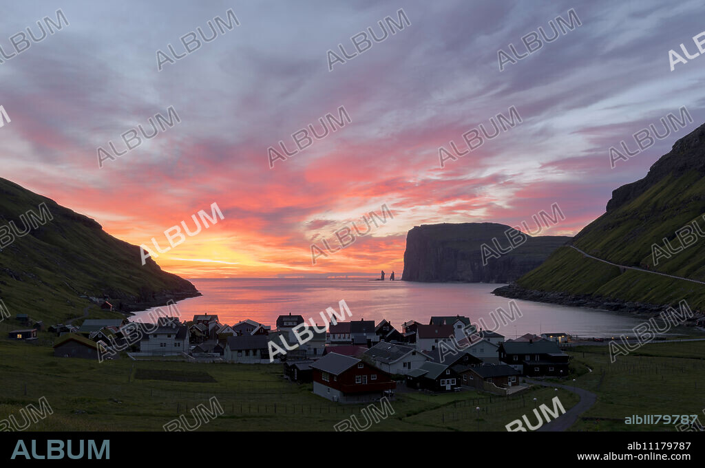 The village of Tjornuvik at sunrise, Sunda Municipality, Streymoy Island, Faroe Islands, Denmark, Europe.