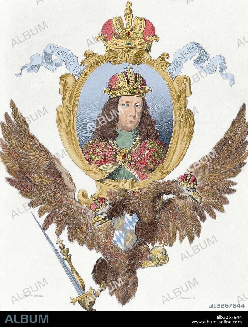 LUIS IV DE BAVIERA (Munich, 1282-Fürstenfeldbruck, 1347). Emperador del Sacro Imperio Romano Germánico (1328-1347). Fue excomulgado en 1324 por el papa Juan XXII, y depuesto del trono por los príncipes alemanes (1346) a instigación del papa Clemente VI. Grabado coloreado.