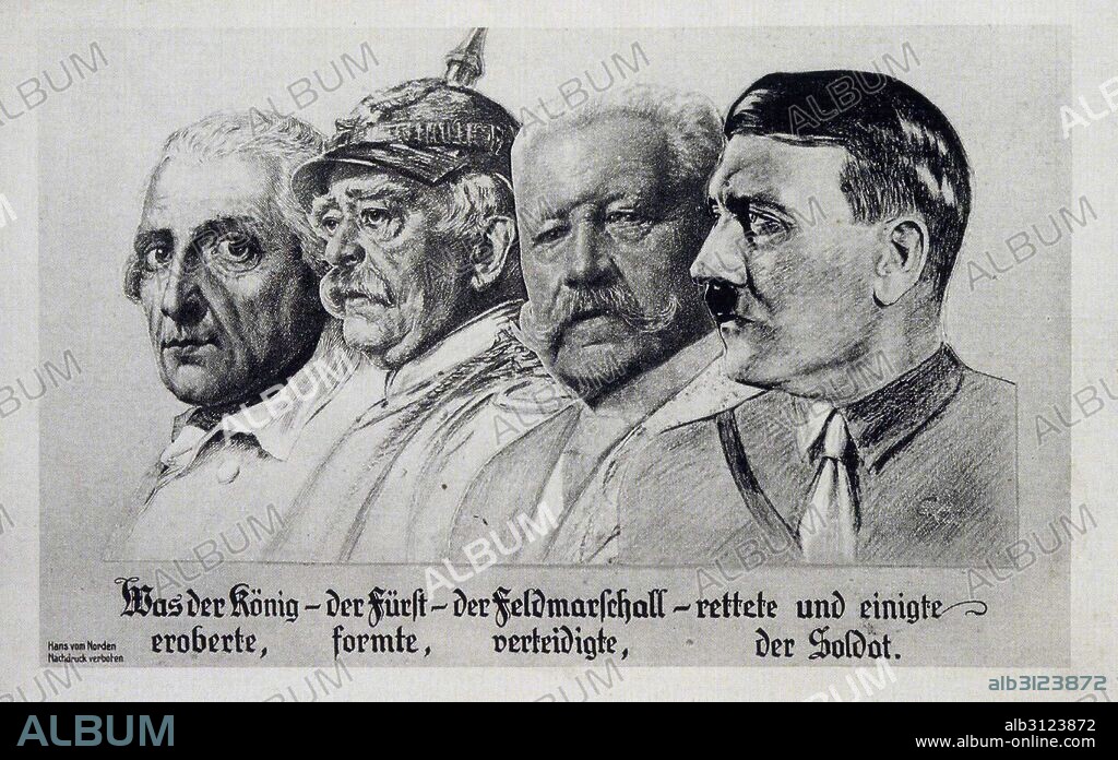 Image of German leaders, left to right. Fredrick the great, Otto von Bismarck, Paul von Hindenburg Adolf Hitler.