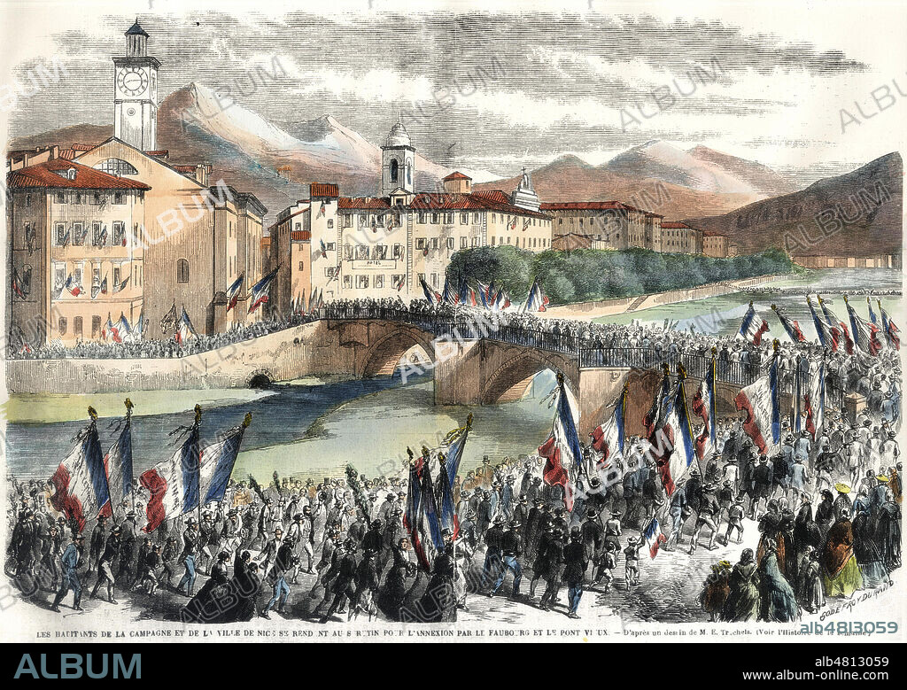 'Les habitants de la campagne et de la ville de Nice se rendant au scrutin pour l'annexion par le faubourg et le vieux pont'. Un vote massif des nicois le 15 avril 1860 premier jour de plebiscite de rattachement dans l'arrondissement de Nice, 99,3% d'entre eux votent le "OUI". une semaine plus tard, 99,8% des savoyards font de meme. Gravure du 28/04/1860, mise en couleurs par nos soins. Credit : Collection KHARBINE-TAPABOR.