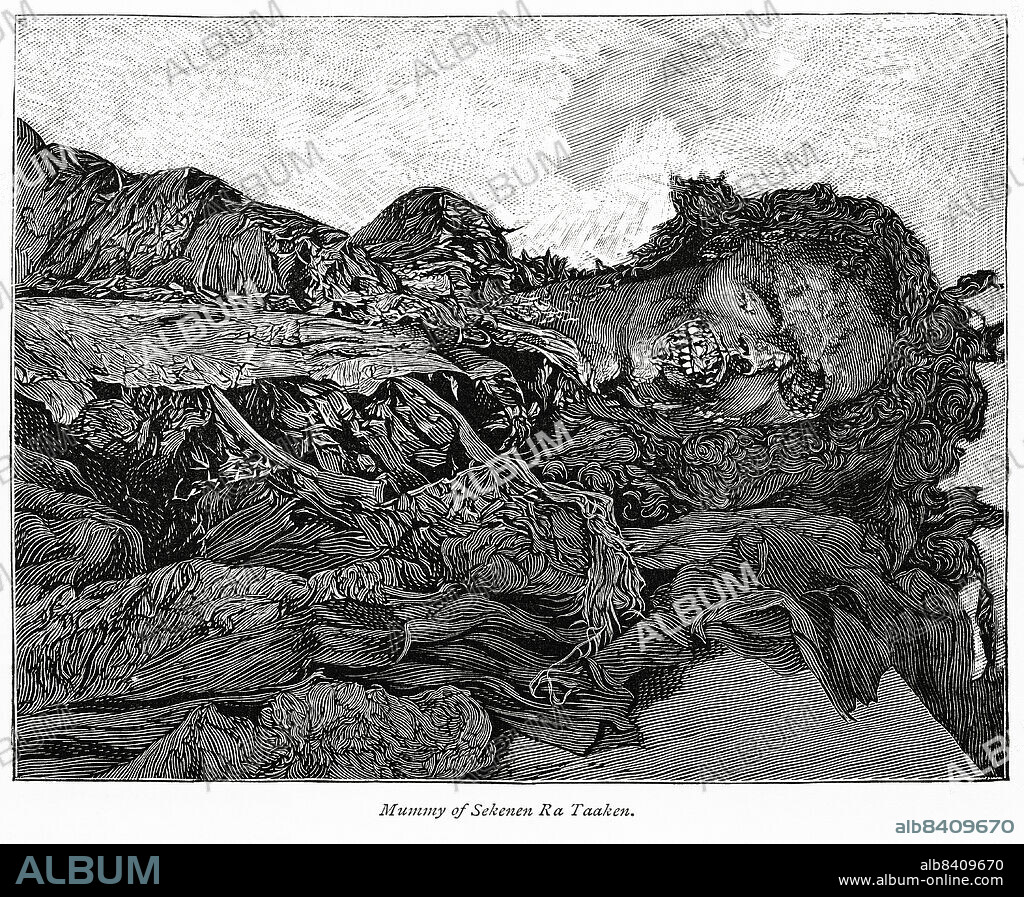 Mummy of Sekenen Ra Taaken (Seqenenre Tao), Illustration from the Book, From Pharaoh to Fellah by C.F. Moberly Bell with Illustrations by Georges Montbard, engraved by Charles Barbant, Wells Gardner, Darton, & Co., London, 1888.