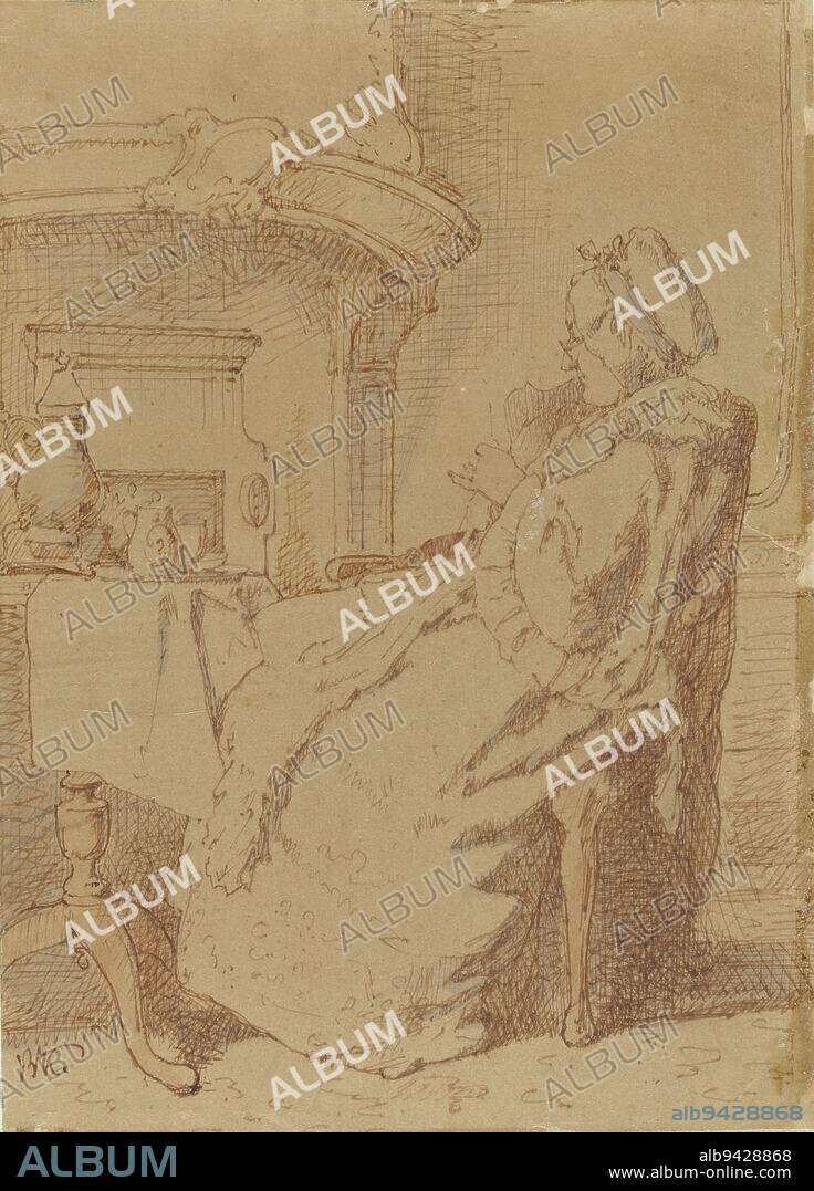 Sitting, knitting old woman at a table, draughtsman: Alexander Hugo Bakker Korff, c. 1834 - c. 1882, paper, pen, brush, h 174 mm × w 125 mm.