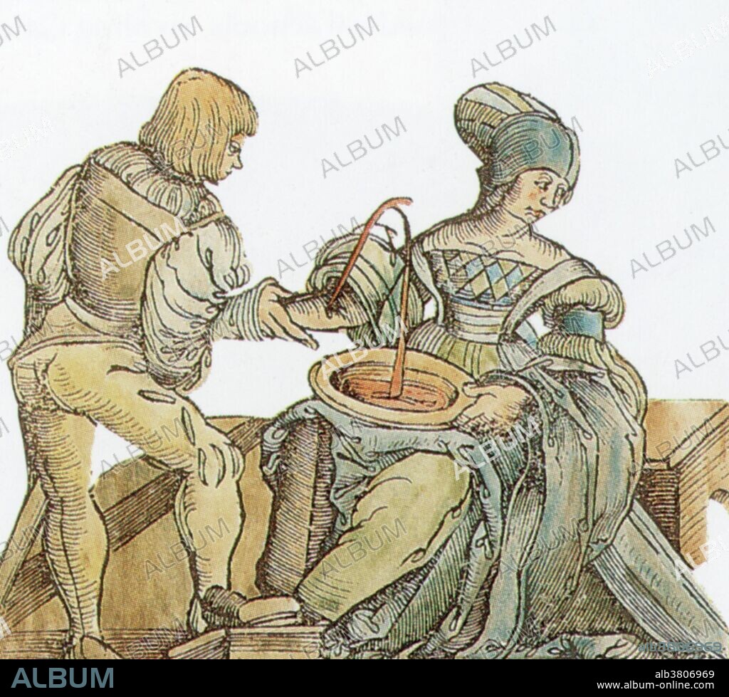 The ancient practice of bloodletting. The basic idea was to drain "poisons," or excess blood from the body, thereby restoring the balance of the humors. Different illnesses had to be treated by bleeding from different places. Complex charts showed where the bleeding knife or leeches, which removed blood more slowly than by knife, should be applied.