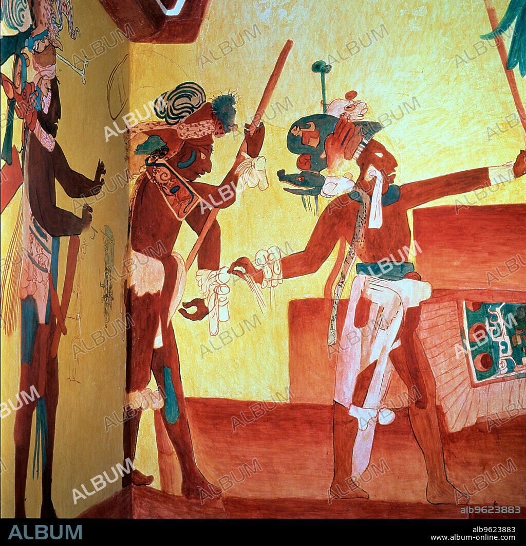 Fresco in the room n. 3 of the Bonampak painting Temple representing a party after a military victory.