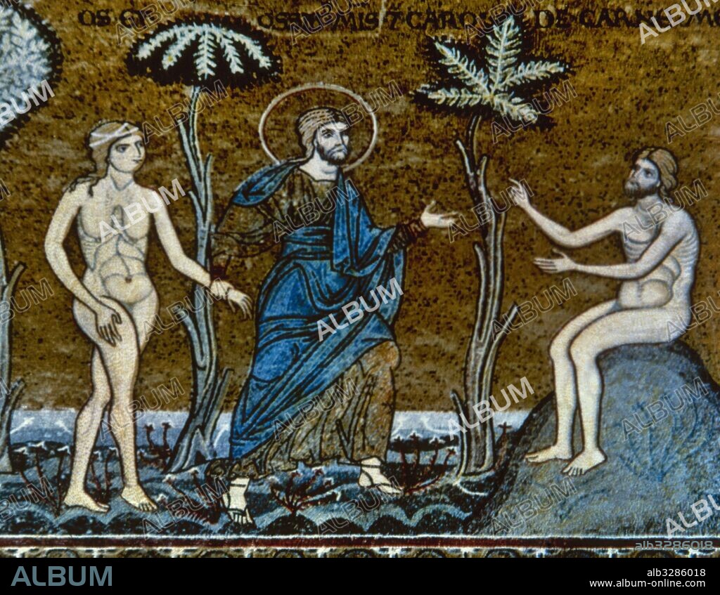 HISTORIA DEL ANTIGUO TESTAMENTO. GENESIS. "LA PRESENTACION DE EVA A ADAN". Mosaico bizantino que data de los siglos XII-XIII existente en el interior de la Catedral de Monreale, fundada por Guillermo II en el año 1174. Monreale. Sicilia. Italia.