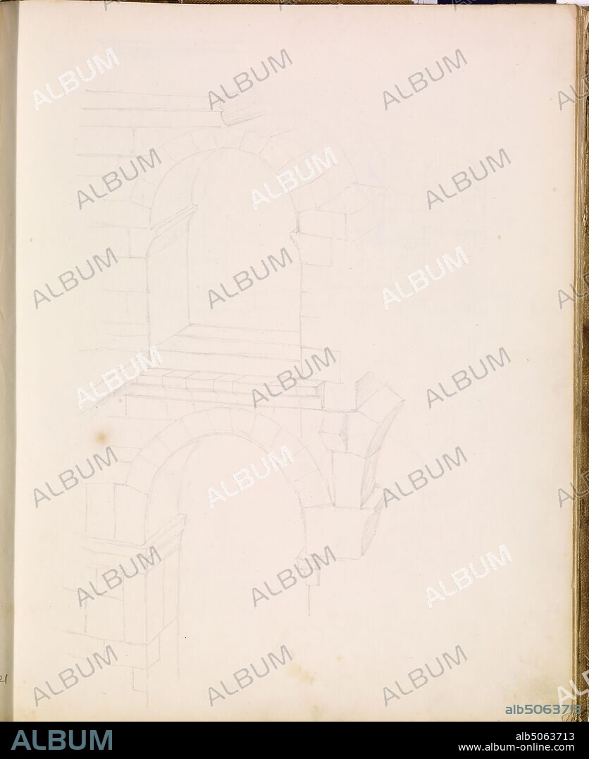 Sketchbook of Byzantine and Romanesque Decoration, 1887-1894 Sketch of architectural stonework Artist: Sir Edward Burne-Jones, 110 sketches of Mediaeval and Byzantine decoration made in connection with studies for the 'Holy Grail' tapestries for Morris & Co., Art Movement, Pre-Raphaelite, Pencil, Sketch.