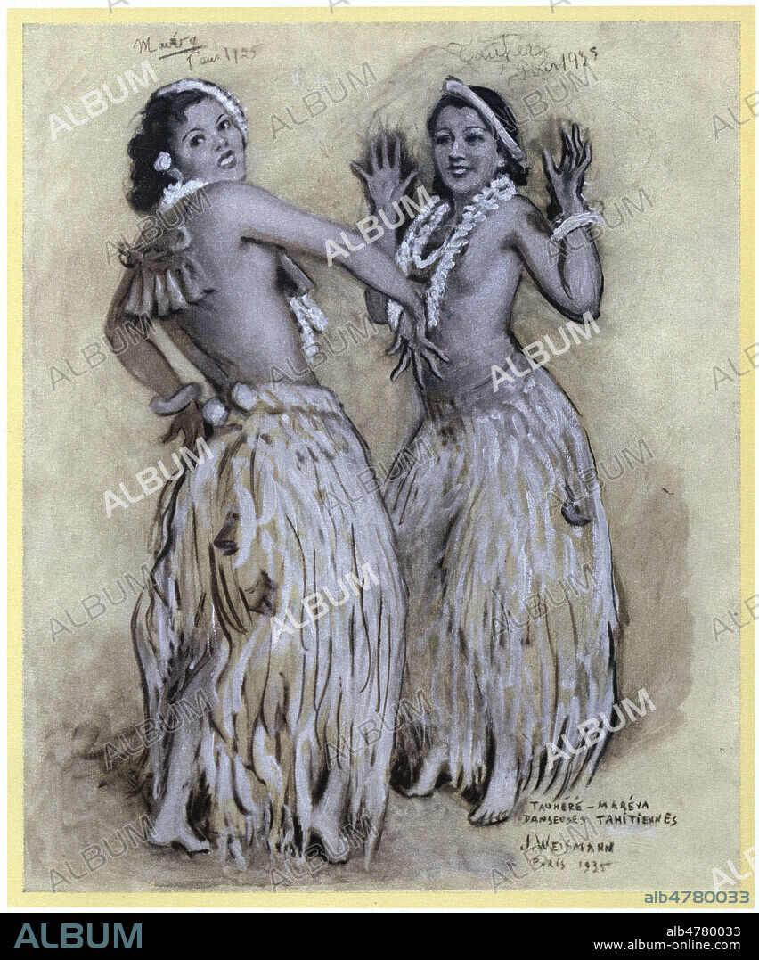 Tauhere, Mareya, danseuses tahitiennes. Illustration de Jacques WEISMANN (ne en 1878) pour la Revue illustree de 1935. Credit : Coll. Jonas/Kharbine-Tapabor.