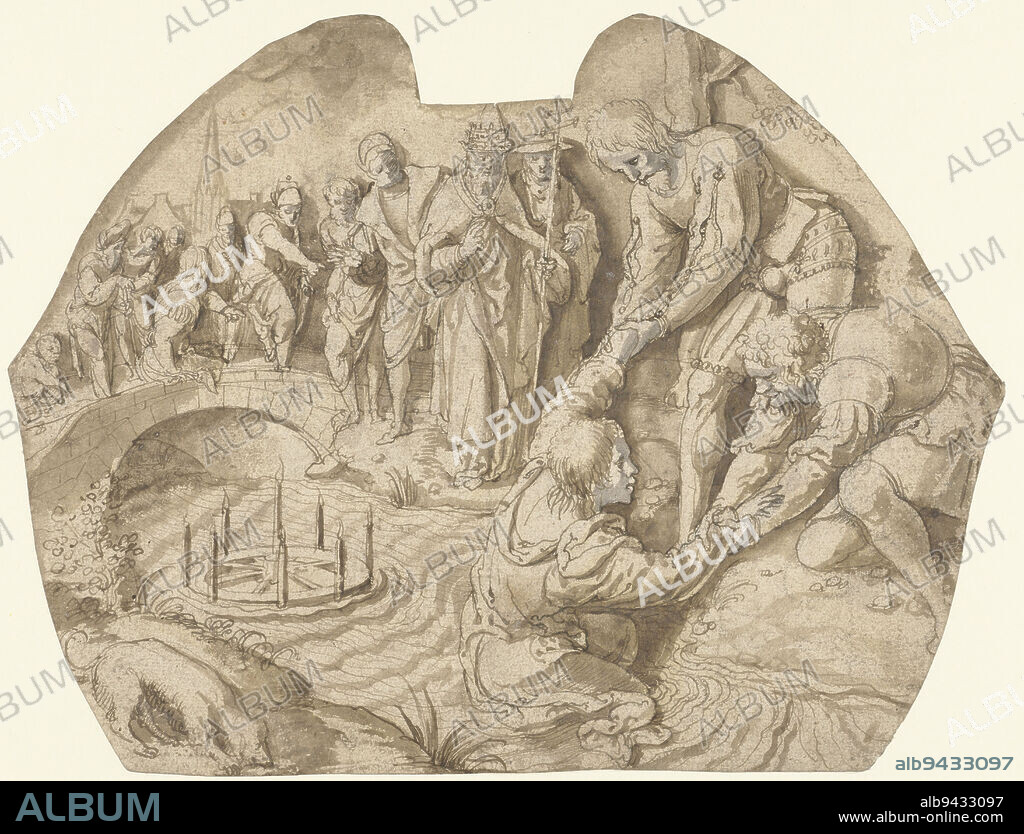 The miraculous rescue of Saint Donatian as a design for embroidery on a chancel shield, Rescue of Saint Donatian, draughtsman: Lancelot Blondeel, 1545 - 1550, paper, pen, brush, h 213 mm × w 280 mm.