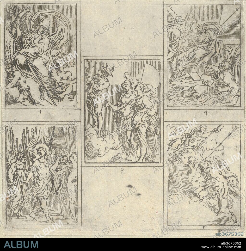 Five numbered scenes, each after a painter in the Accademia Degl'Incamminati, from IL FUNERALE D'AGOSTINO CARRACCIO FATTO IN BOLOGNA SUA PATRIA DAGL'INCAMINATI Academici del Disegno: 1. Virtue vanquishing Envy and Fortune, painted by Giulio Cesare Parigino; 2. Apollo and the Muses at the tomb of Agostino Carracci, painted by Luigi Valesio; 3. Mercury pointing to a constellation with the personification of Painting and that of the city of Bologna, Felsina, painted by Aurelio Benelli; 4. Personification of Painting being comforted by Poetry, and the personification of a river at right, painted by Lodovico Carracci; 5. Allegory of Knowledge and Vigilance chasing Envy out of Heaven, painted by Lorenzo Garbieri. Artist: Guido Reni (Italian, Bologna 1575-1642 Bologna); After Ludovico Carracci (Italian, Bologna 1555-1619 Bologna); After Giulio Cesare Parigini (Italian, active Bologna ca. 1603-1619); After Giovanni Luigi Valesio (Italian, 1583-1633); After Aurelio Bonelli (Italian, Bologna 1569-after 1620); After Lorenzo Garbieri (Italian, Bologna 1580/82-1654 Bologna). Dimensions: Sheet (Trimmed): 4 1/2 × 4 11/16 in. (11.5 × 11.9 cm). Series/Portfolio: IL FUNERALE D'AGOSTIN CARRACCIO FATTO IN BOLOGNA SUA PATRIA DAGL'INCAMINATI Academici del Disegno. Date: 1603.
One of seven plates by Reni that illustrate the temporary decorations for the memorial service for the painter Agostino Carracci, from IL FUNERALE D'AGOSTINO CARRACCIO FATTO IN BOLOGNA SUA PATRIA DAGL'INCAMINATI Academici del Disegno, a quarto volume also containing a frontispiece by Francesco Brizio and a description of the service written by Vittorio Benacci; published in Bologna in 1603 (see also 51.501.4890, 4891, 4892).