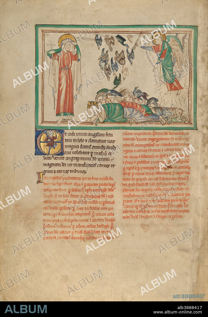 UNKNOWN. An Angel Standing in the Sun and Birds Invited to the Repast. Date/Period: Ca. 1255 - 1260. Folio. Tempera colors, gold leaf, colored washes, pen and ink on parchment. Height: 319 mm (12.55 in); Width: 225 mm (8.85 in).