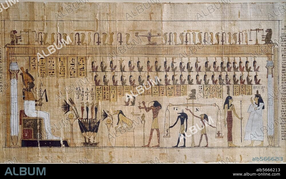 Ägyptisch, Ptolemäer-Zeit, 304-30 v. Chr. Jenseitsgericht mit Darstellung des Wiegens des Herzens gegen die Feder der Wahrheit. Aus dem Totenbuch des Efankh. Malerei auf Papyrus. Turin, Museo Egizio.