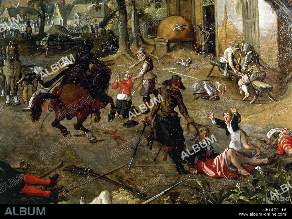 SEBASTIEN VRANCX. ARTE BARROCO. FLAMENCO. SEBASTIAN FRANKS VRANCH (1573-1647). SAQUEO DE UNA ALDEA. Detalle. Representa un saqueo llevado a cabo por las tropas españolas durante las Guerras de Flandes. Escuela flamenca, primera mitad del s. XVII. Colección particular.