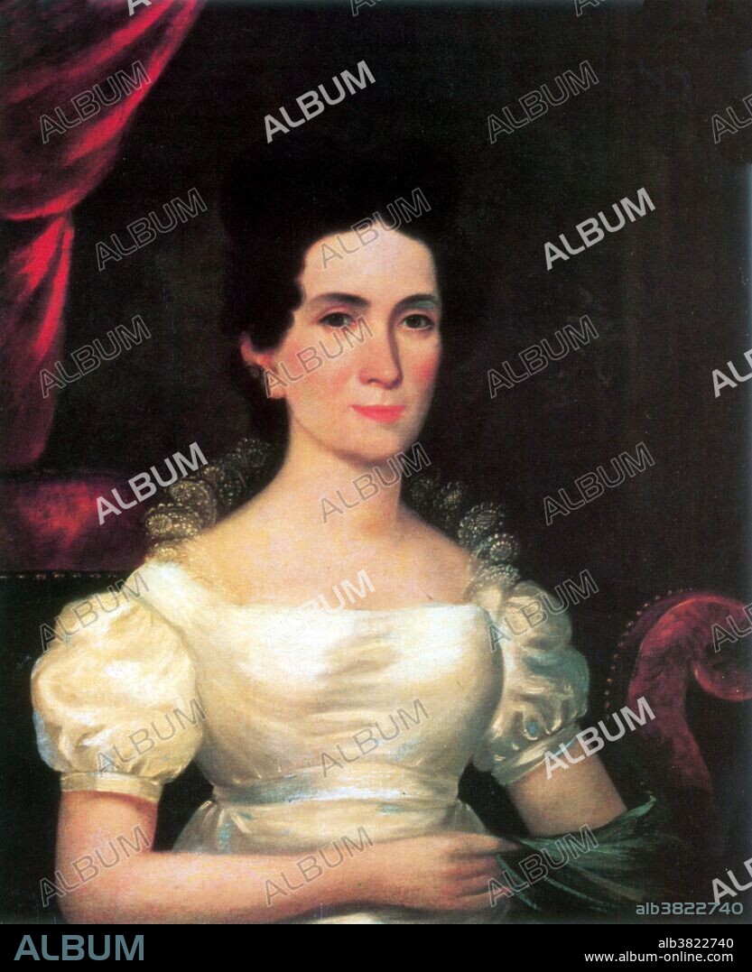 Letitia Christian Tyler (November 12, 1790 - September 10, 1842), first wife of of John Tyler, the tenth President of the United States, and served as First Lady of the United States from 1841 until her death. She met John Tyler, when he was a law student, in 1808. In his only surviving love letter to her, written a few months before their wedding, Tyler promised, "Whether I float or sink in the stream of fortune, you may be assured of this, that I shall never cease to love you." Their 29 year marriage appears to have been a singularly happy one. Mrs. Tyler avoided the limelight during her husband's political rise, preferring domestic responsibilities to those of a public wife. In 1839, she suffered a paralytic stroke that left her an invalid. As First Lady, she remained in the upstairs living quarters of the White House. She died in the White House in 1842 from a stroke at the age of 51. They had four daughters and three sons live to maturity. Artist unknown.