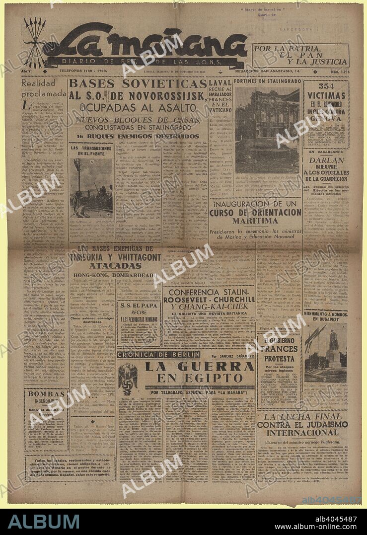 Portada del periódico La Mañana, de Falange Española Tradicionalista y de las J.O.N.S., editado en Lleida, octubre de 1942.