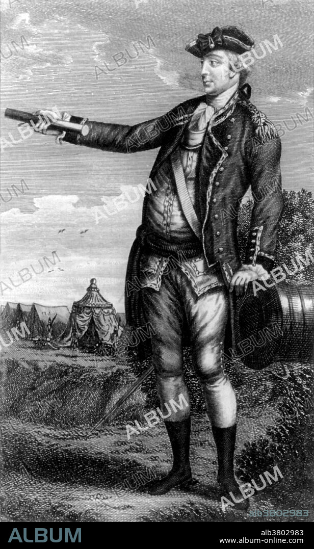 Entitled: "His excellency George Washington Esq'r. captain general of all the American forces" shows Washington, wearing military uniform, gesturing with right hand holding a swagger stick, left hand resting on cannon barrel, military camp in the background. George Washington (February 22, 1732 - December 14, 1799) was the first President of the USA, from 1789-97, and dominant military and political leader 1775-99. He was one of the Founding Fathers and hailed as "father of his country" even during his lifetime. He led the American victory over Great Britain in the American Revolutionary War as commander-in-chief of the Continental Army from 1775-83. He presided over the convention that drafted the US Constitution, which replaced the Articles of Confederation and which remains the supreme law of the land. Washington became the first president by unanimous choice, and oversaw the creation of a strong, well-financed national government that maintained neutrality in the wars raging in Europe, suppressed rebellion and won acceptance among Americans of all types. His leadership style established many forms and rituals of government that have been used since, such as using a cabinet system and delivering an inaugural address. Washington died in 1799 at the age of 67. He was eulogized as "first in war, first in peace, and first in the hearts of his countrymen" by Henry Lee. Printed for R. Faulder, bookseller, 1780.