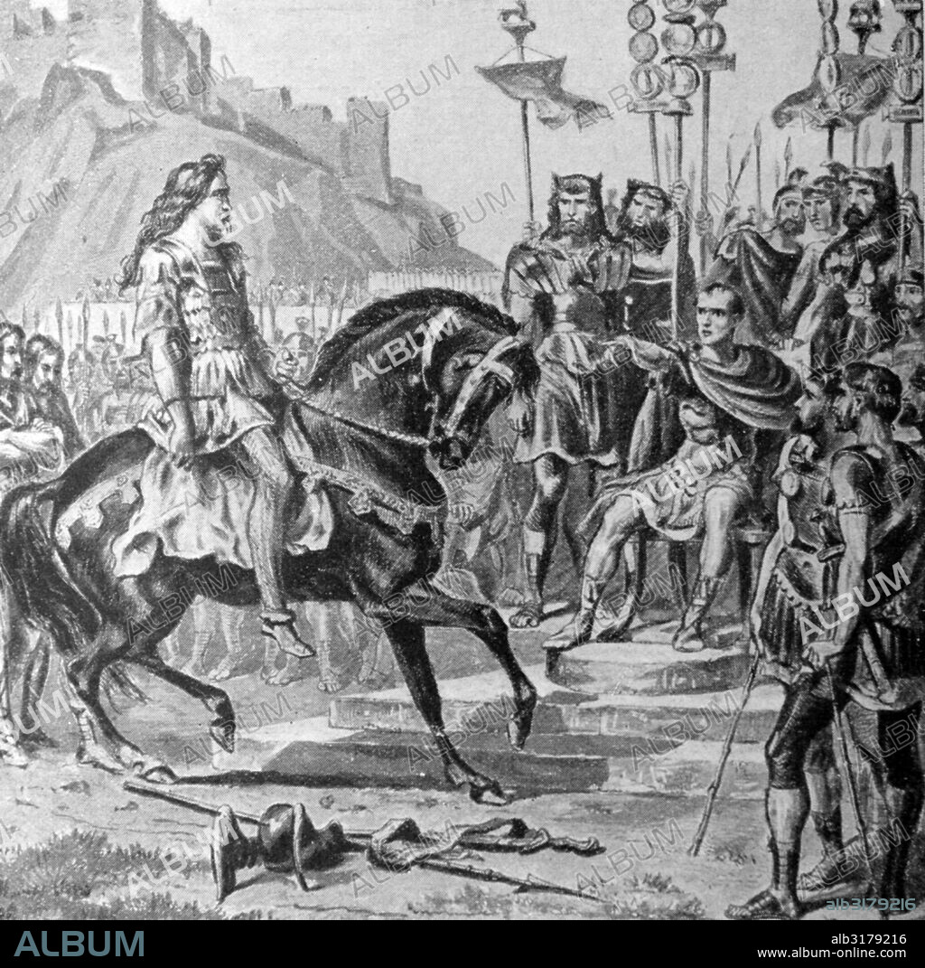 Painting depicting a scene from the triumph of Julius Caesar (100-44 BC)  a Roman statesman, general and notable author of Latin prose, and his legions on the coast of England.