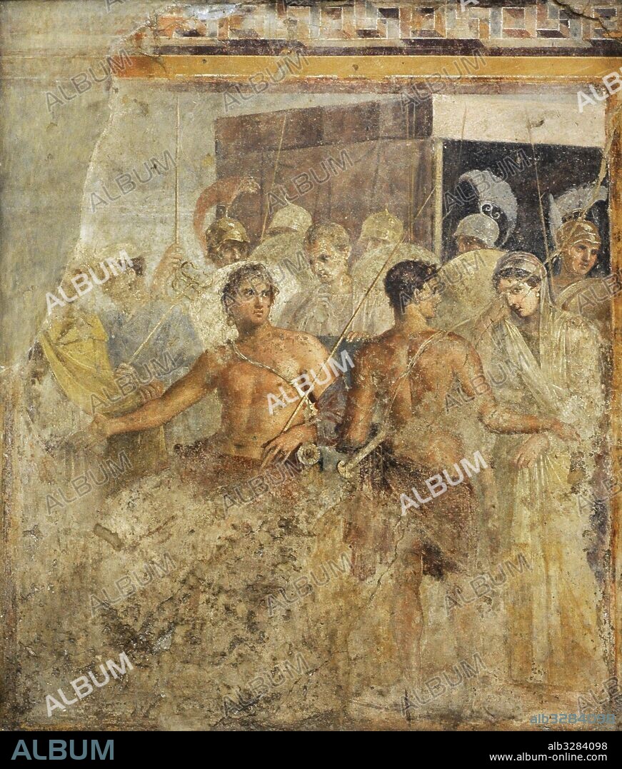 Achilles is forced to give up Briseis, the prisoner with whom he had fallen in love, to Agamemnon, after Agamemnon had to return Chryseis to her father, Chryses, the priest of Apollo. House of the Tragic poet. National Archaeological Museum, Naples. Italy.