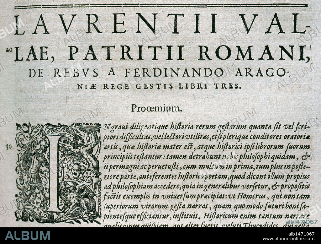 LITERATURA ITALIANA. S. XV. VALLA, Lorenzo (Roma, 1407-Roma, 1457). Filósofo y humanista italiano. "PATRITII ROMANI DE REBUS A FERDINANDUS ARAGONIAE REGE GESTIS". Libro Tres. Detalle de una página. Editado en el año 1603.
