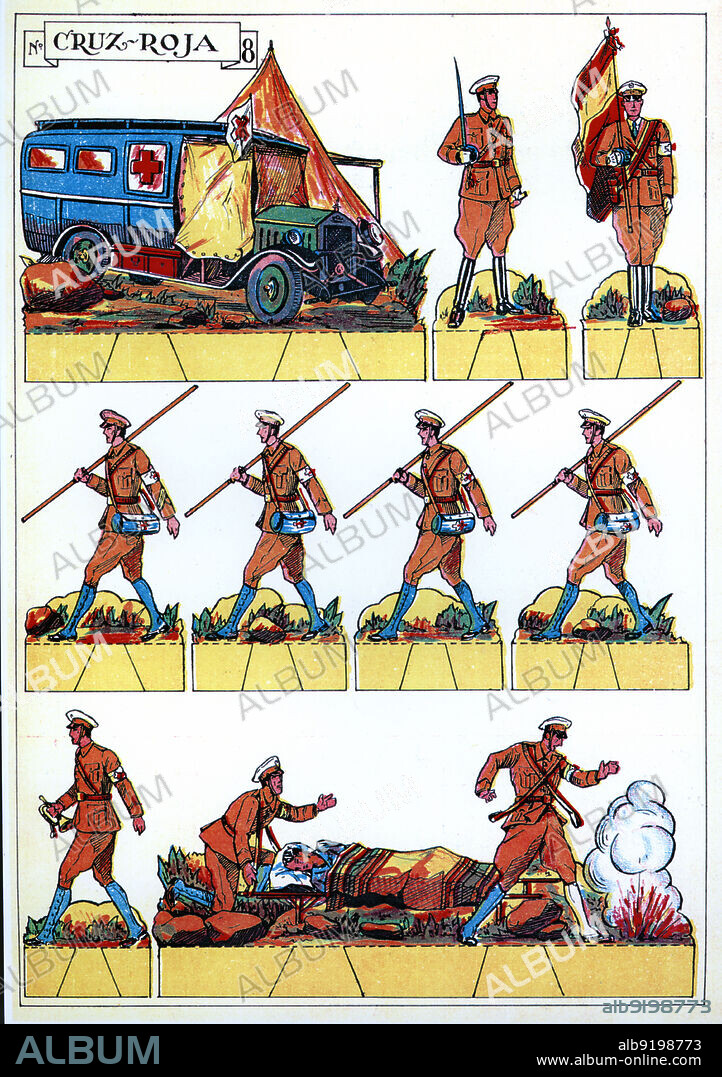 España. Hoja recortable infantil. Cruz roja. Ambulancia y sanitarios. Ediciones Tirsa, de Madrid. Años 1940.