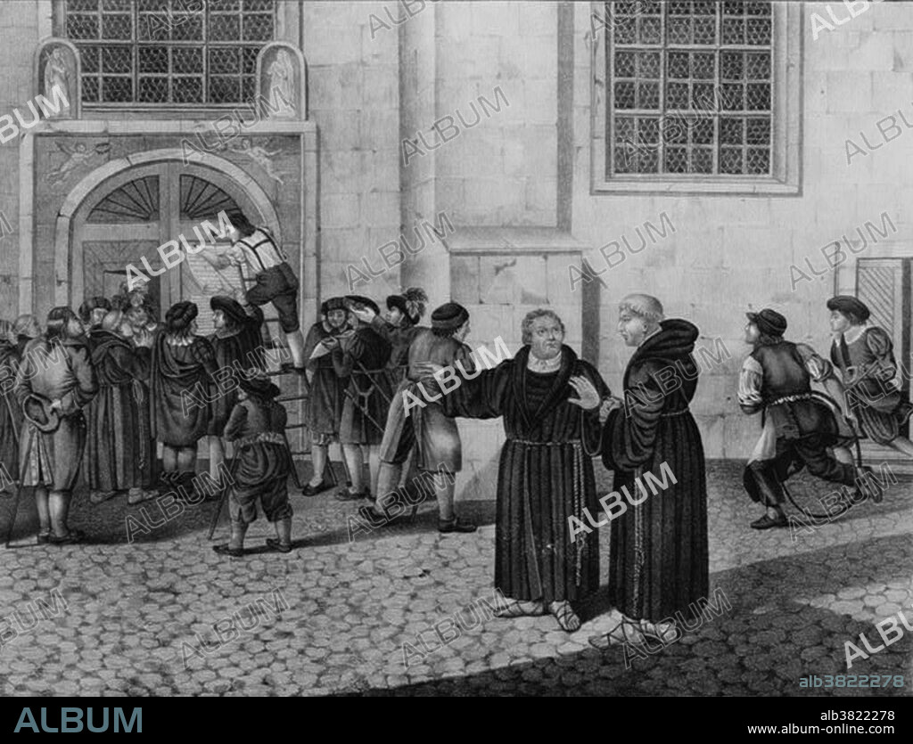 Crowd gathered to watch as Luther directs the posting of his 95 theses, protesting the practice of the sale of indulgences, to the door of the castle church in Wittenberg. Martin Luther (November 10, 1483 - February 18, 1546) was a German priest, professor of theology and a major figure of the Protestant Reformation. He disputed the claim that freedom from God's punishment for sin could be purchased with money. He confronted indulgence salesman Johann Tetzel with his Ninety-Five Theses in 1517. His refusal to retract all of his writings at the demand of Pope Leo X and the Holy Roman Emperor Charles V at the Diet of Worms resulted in his excommunication by the pope and condemnation as an outlaw by the Emperor in 1521. His theology challenged the authority of the Pope of the Roman Catholic Church by teaching that the Bible is the only source of divinely revealed knowledge. Those who identify with Luther's teachings are called Lutherans. His translation of the Bible into the language of the people (instead of Latin) made it more accessible. His marriage to Katharina von Bora set a model for the practice of clerical marriage, allowing Protestant priests to marry. While suffering from several illnesses and deteriorating health, Luther became increasingly antisemitic, writing that Jewish homes should be destroyed, their synagogues burned, money confiscated and liberty curtailed. These statements have contributed to his controversial status. Lithograph, 1830.