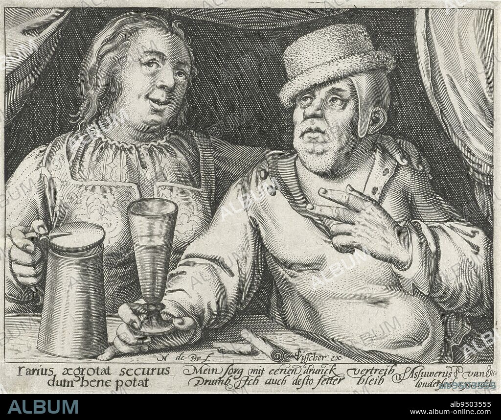 A man and woman sit near a table, he holding a glass, she holding a beer jug. According to the German verse in the margin below, they are drinking away their sorrows and this drinking leads to obesity. The verse is repeated in Latin, Drinking Man and Woman., print maker: Nicolaes de Bruyn, (mentioned on object), publisher: Claes Jansz. Visscher (II), (mentioned on object), publisher: Assuerus van Londerseel, (mentioned on object), print maker: Netherlands, publisher: Amsterdam, 1581 - 1656, paper, engraving, h 114 mm × w 146 mm.