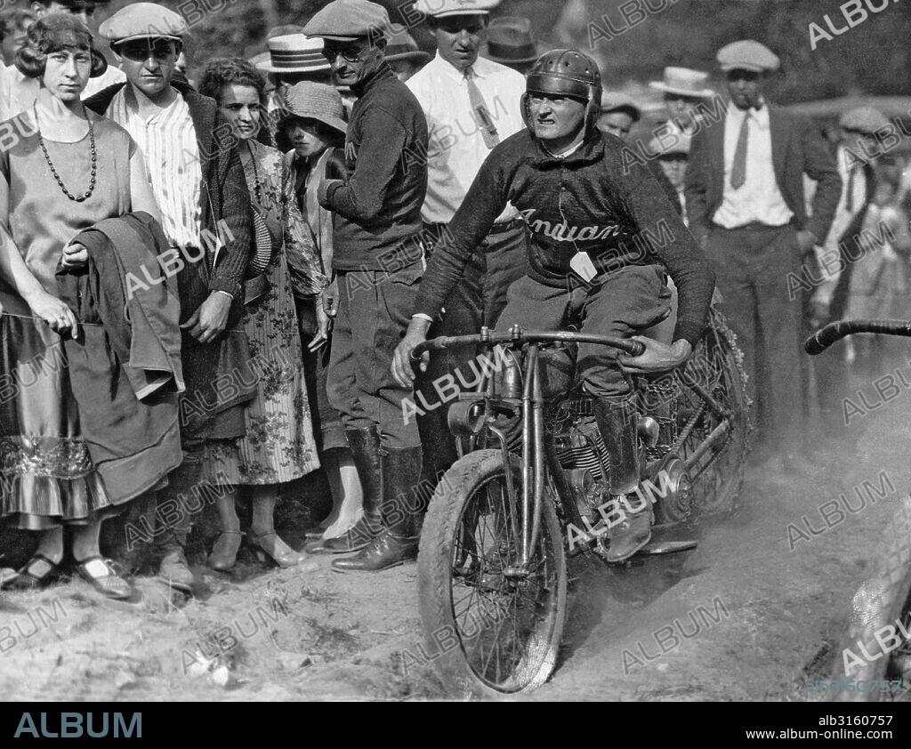 Loch Raven, Maryland: June 8, 1925. Howard Metzel on his Indian bike prepares for the annual hill climb of the Maryland Motorcycle Club at Loch Raven, Maryland.