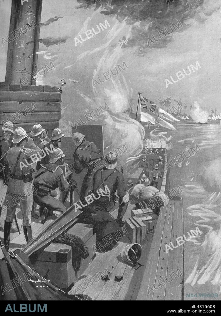'The Nile Expedition, 1884-85: The Naval Brigade under Lord Charles Beresford rescuing Sir Charles Wilson, February 1885', (1901). The Nile Expedition (or Gordon Relief Expedition) was a British mission to relieve Major-General Charles George Gordon who was besieged at Khartoum in the Sudan. The expedition down the River Nile arrived two days after Gordon, and the entire garrison of between 5,000 and 10,000, were slaughtered. From "The Illustrated London News Record of the Glorious Reign of Queen Victoria 1837-1901: The Life and Accession of King Edward VII. and the Life of Queen Alexandra". [London, 1901].