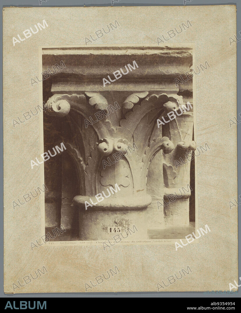 Cast of a capital of the Cathedral of Laon, Art Gothique XIIIe siècle - Chapiteau de colonne du triforium (Cathédrale de Laon) (title on object), Adolphe Giraudon (mentioned on object), France, c. 1875 - c. 1900, cardboard, albumen print, height 260 mm × width 204 mm.