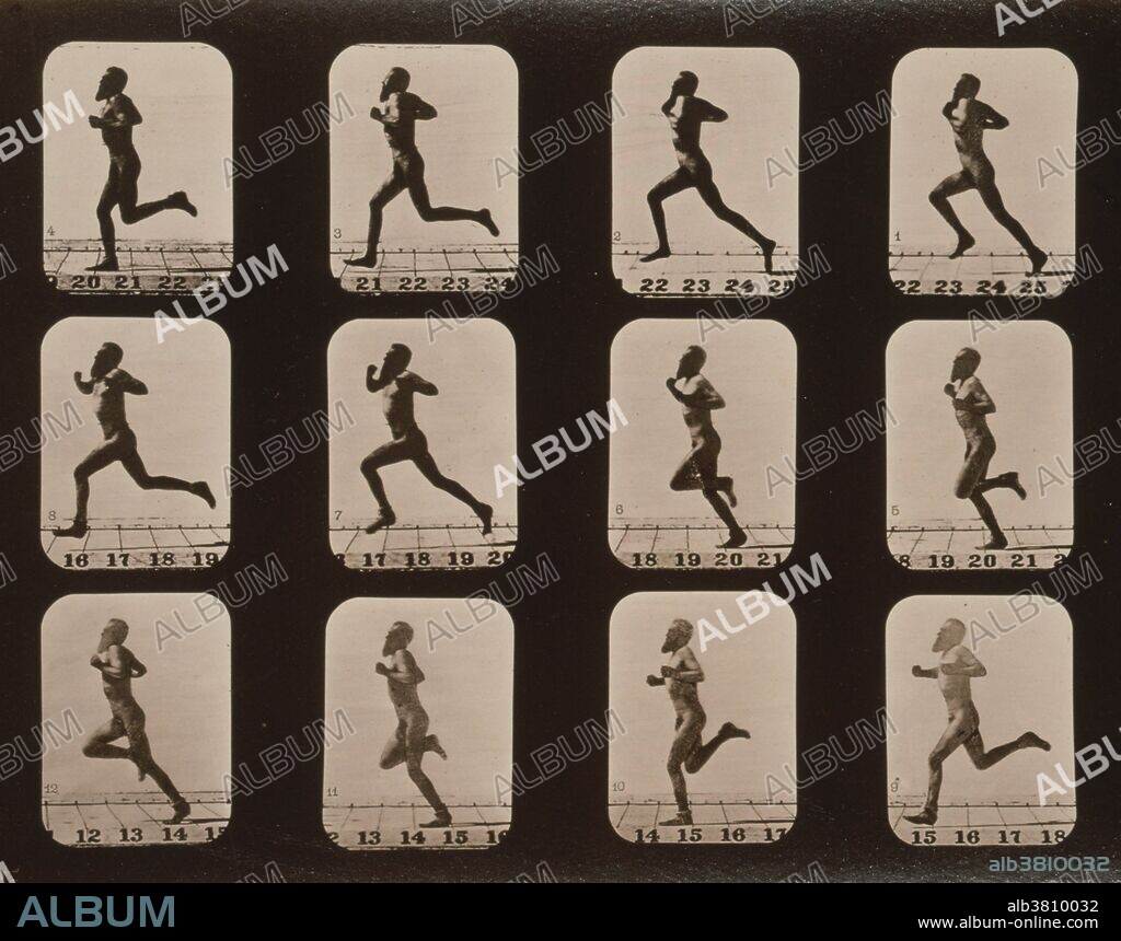 Muybridge Human Locomotion, Man Running, 1881. Photograph shows 12 consecutive images of a man running. Eadweard James Muybridge (April 9, 1830 - May 8, 1904) was an English photographer important for his pioneering work in photographic studies of motion and in motion-picture projection. He published two popular books of his work, Animals in Motion (1899) and The Human Figure in Motion (1901), both of which remain in print over a century later. He died in 1904 at the age of 74.