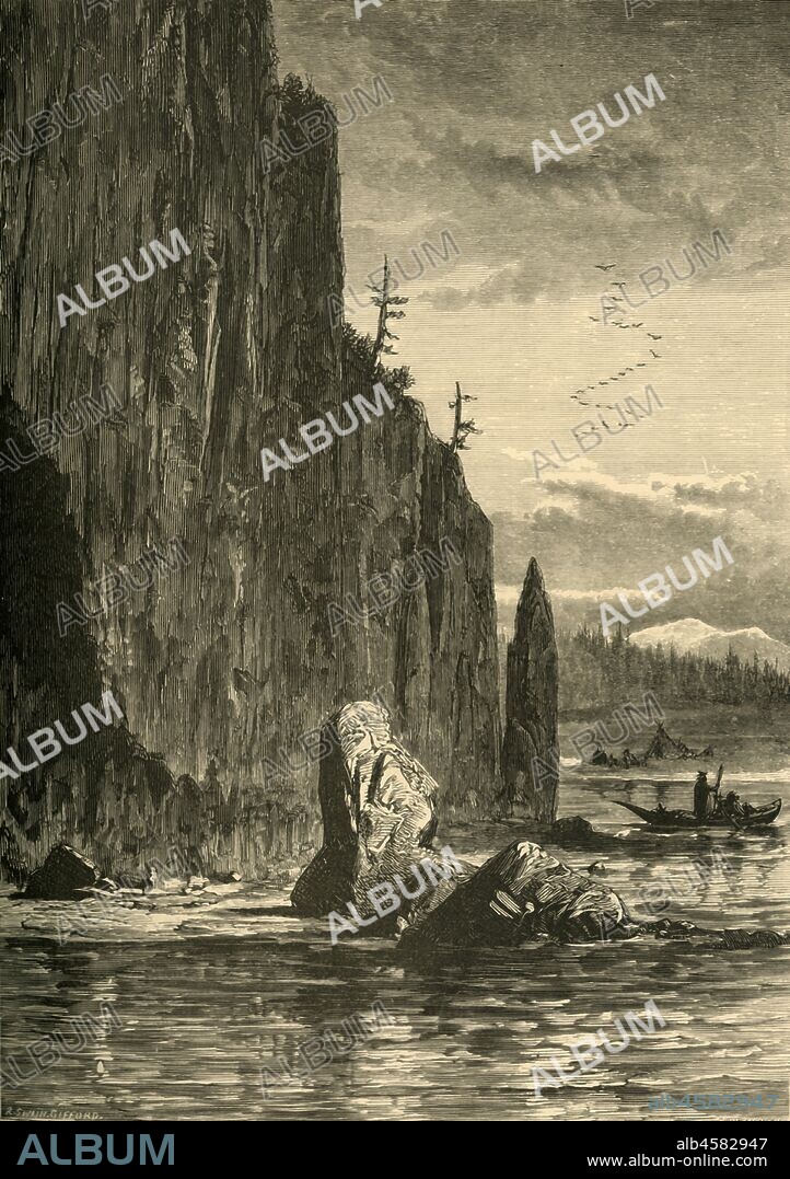 JOHN FILMER. 'Cape Horn', 1872. Basalt cliff outcrop on the Columbia River, Washington, USA: 'Majestic ramparts, like Cape Horn, rose, a vast, columnar wall, sometimes seven hundred feet in height'. From "Picturesque America; or, The Land We Live In, A Delineation by Pen and Pencil of the Mountains, Rivers, Lakes...with Illustrations on Steel and Wood by Eminent American Artists" Vol. I, edited by William Cullen Bryant. [D. Appleton and Company, New York, 1872].