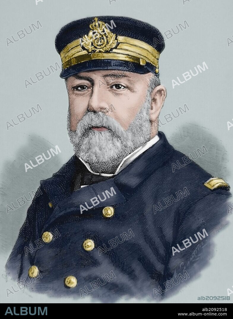 ARTURO CARRETERO Y SÁNCHEZ. Pascual Cervera Topete (1839-1909). Admiral of the Spanish Armada. Engraving by Arturo Carretero (1852-1903). The Spanish and American Illustration, 1890. Colored.