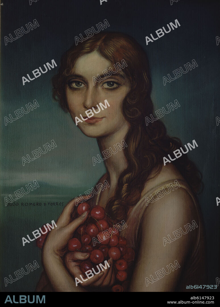 JULIO ROMERO DE TORRES. (RETRATO DE MUJER CON MELENA RUBIA Y CEREZAS) - SIGLO XX.