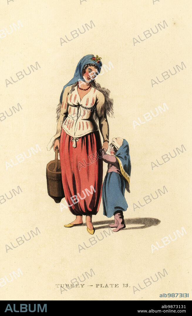 Greek woman with her daughter, Marmara Island. She wears a head scarf, bodice and harem pants, carries a bucket. Handcoloured copperplate engraving after Octavian Dalvimart from William Alexanders translation of Picturesque Representations of the Dress and Manners of the Turks, Thomas MLean, London, 1814.