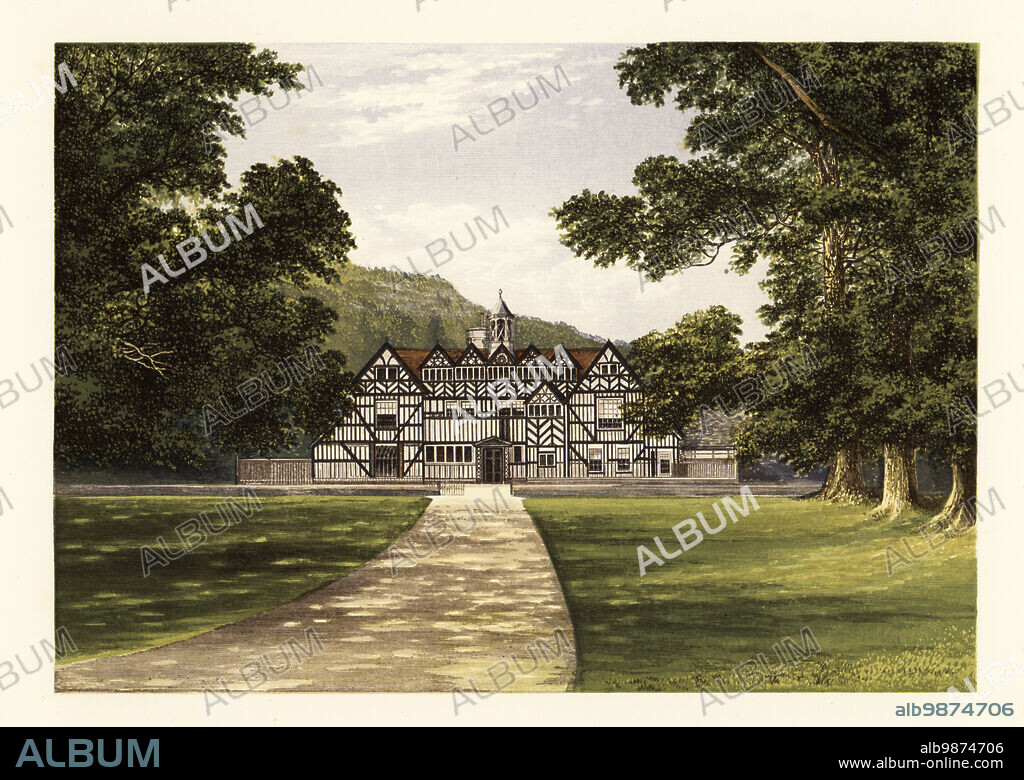 Meer Hall, Worcestershire, England. Black-timber-framed mansion house with gables and octagonal tower built in 1337 for Thomas Bearcroft. Colour woodblock by Benjamin Fawcett in the Baxter process of an illustration by Ellen Vernon (Mrs Henry Bearcroft) from Reverend Francis Orpen Morriss Picturesque Views of the Seats of Noblemen and Gentlemen of Great Britain and Ireland, William Mackenzie, London, 1880.