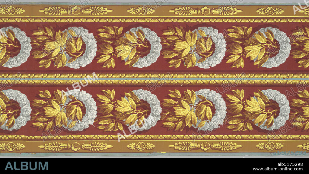 borders, Block-printed on paper, In wide central band sprigs of laurel project through wreaths composed of roses and other flowers. The upper edging consists of criss-crossed bindings interspersed with rosettes; this band is repeated below the central band along with a bottom edging of rosettes in palmette frames., H# 653, France, 182545, Wallcoverings, borders.